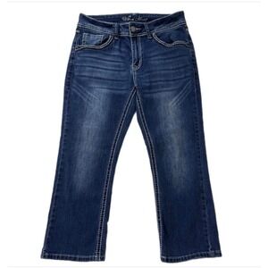 Wired Heart Capri Jeans Women 29 Blue Embellished Thick Stitch Stretch Denim